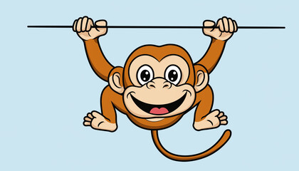 Cartoon monkey with brown fur hanging from a black line, smiling with visible teeth and tongue, against a light blue background.
