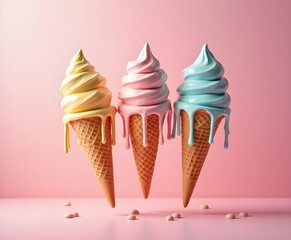 Professional Photo of Ice Cream Cones with Melting Drips, Vibrant Pastel Background