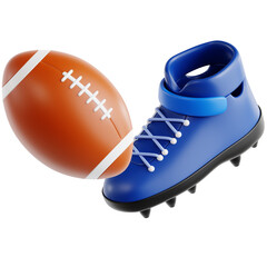 A detailed 3D illustration of American football gear, showcasing a traditional brown ball alongside a bright blue cleated shoe for athletic competition