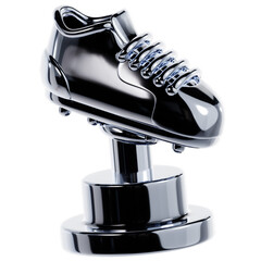Detailed 3D model of a chrome football cleat trophy, a shiny silver soccer boot prize for a top scorer or champion isolated on a white background illustration