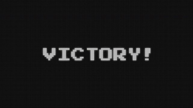 “VICTORY” text in 8-bit pixel art with glitch distortion on a black background, presenting a powerful retro-game win announcement in crisp and energetic 4K animation.
