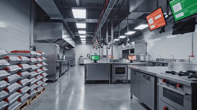 Industrial kitchen facility with stainless steel equipment and digital displays and stacked supplies on pallets in a commercial environment