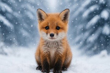 Fototapeta premium Adorable fox cub in snow