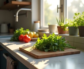 Clean Commercial Photo of a Kitchen Counter with Fresh Herbs and Cutting Board, Daylight Tones