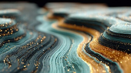 Abstract layered landscape with flowing lines and gold accents in shallow focus.