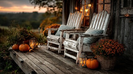 Two white chairs on a porch with pumpkins and flowers at sunset.