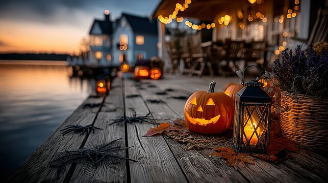 Halloween pumpkins and lanterns decorate a wooden dock near houses by water.