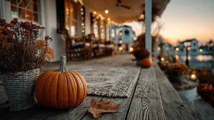 Pumpkin and leaf on a wooden porch with house and sunset background.