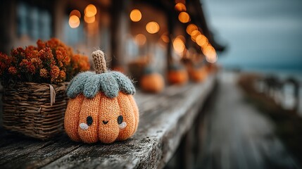 Small pumpkin decoration on wooden surface with blurred background of lights and pumpkins.
