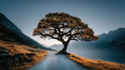 Solitary tree stands on a path with mountains in the background.