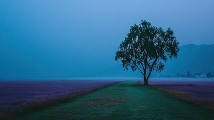 Tree stands in field at dusk with mountains in background serene landscape.