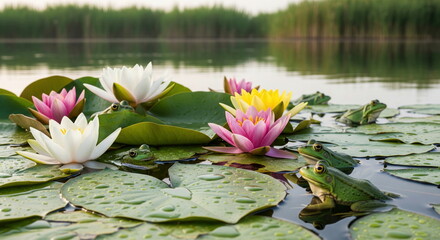 Vibrant water lilies and green frogs resting on lily pads, creating a tranquil natural scene. Perfect for nature, wildlife, or zen themes.