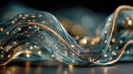 Abstract teal fabric with golden threads and bokeh lights on a dark background.