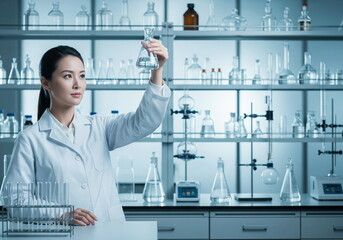 Focused Asian scientist in lab coat examining a flask with liquid in a modern laboratory. Represents research, chemistry, and healthcare innovation.