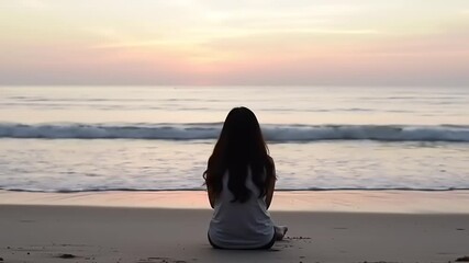 Young woman sitting on a beach watching the sunset over the ocean.