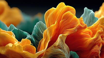 Abstract macro image featuring textured orange and teal shapes against a dark background.