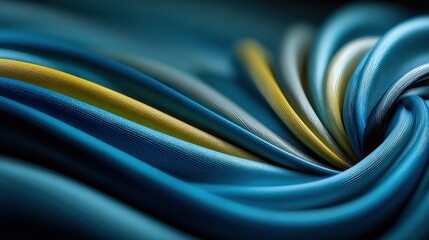 Abstract flowing lines in shades of blue gold and white creating a swirl.