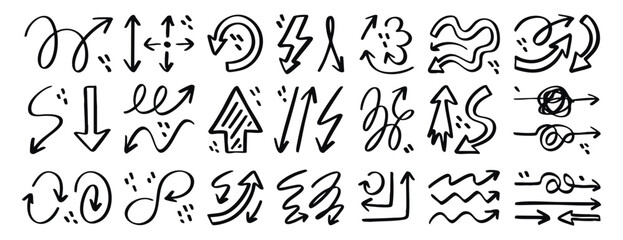 Black doodle arrow set, hand drawn vector collection of different pointer shapes, sketchy curved, straight, twisted, direction arrows, isolated on white