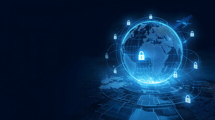 Illuminated blue globe network with lock icons on world map against dark blue background