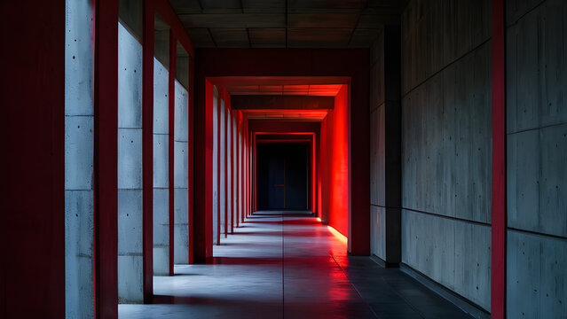 Brutalist architectural concrete corridor with dramatic low-key lighting and mysterious red glow - single red border - Powered by Adobe