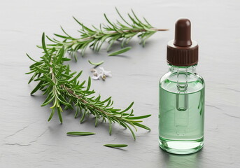Fototapeta premium Fresh rosemary sprigs and a dropper bottle of green essential oil on a stone surface, perfect for natural beauty and wellness concepts.