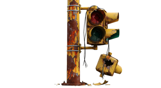 Traffic signal, heavily rusted yellow with broken lenses and detached unit, cutout, PNG isolated on transparent background