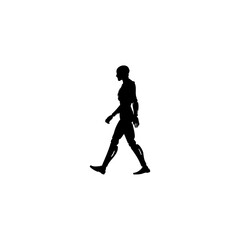 Silhouette of a humanoid robot walking to the left against a stark white background in a studio shot