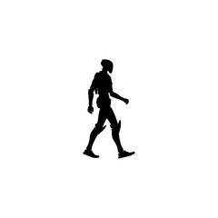 A silhouette of a futuristic character in a helmet walking on a white background in a side profile view
