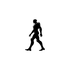A silhouette of a futuristic robot walking in a white background with a clear outline of its body
