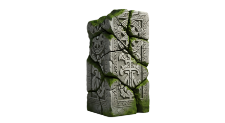 Stone pillar, ancient with intricate carvings and moss growth, cutout, PNG isolated on transparent background