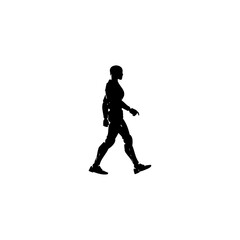 A silhouette of a person walking with one arm bent and one leg forward on a white background plain