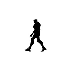 A silhouette of a futuristic soldier walking against a plain white background in a simple illustration