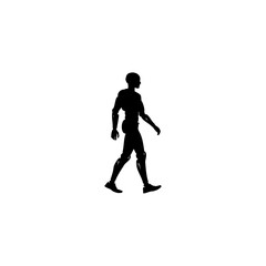 Silhouette of a man walking with arms at sides on a white background in a side view full body shot