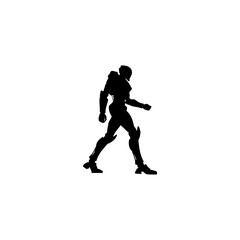 A silhouette of a humanoid robot walking to the right on a white background in a studio setting