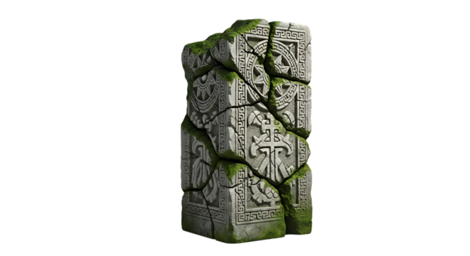 Stone pillar, ancient with intricate carvings and moss growth, cutout, PNG isolated on transparent background