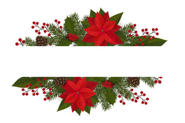 Festive frame with spruce branches, poinsettia, berries and leaves.