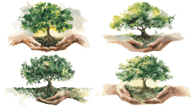 Watercolor illustration of hands holding a growing tree symbolizing nature care sustainability and environmental protection. Green eco themed artwork perfect for conservation projects and education.
