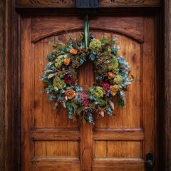 Naklejka premium Floral wreath hanging on a wooden door with an arched top and dark metal hardware in a close up view