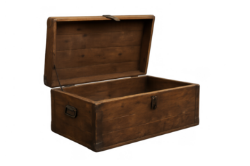 Empty antique wooden treasure chest open, symbolizing discovery, opportunity, mystery, and wealth with blank space inside