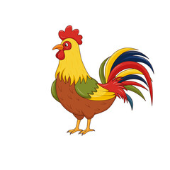 Colorful cartoon rooster with vibrant plumage, standing proudly. Vector