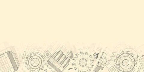 Mechanical engineering drawings on sepia background. Cutting tools, milling cutter. Technical Design. Cover. Blueprint. Horizontal seamless pattern. Vector illustration.