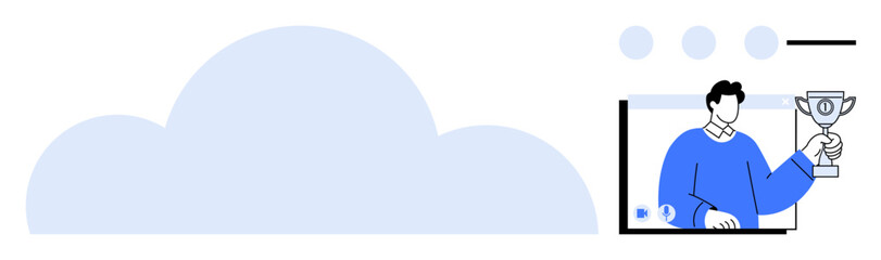 Man holding a trophy displayed on a virtual screen within a video call setup. Represents technology, achievement, remote work. Ideal for business success, teamwork, innovation, connection, cloud