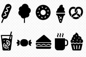 Food and drink solid icon set. Snacks, desserts, and beverages in solid style