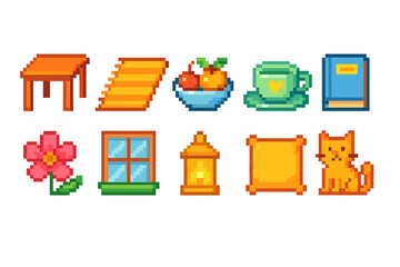 Pixel art icon set: home decor, lifestyle pixel icons in retro style