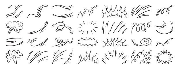 Expression and movement elements. Hand drawn emotion line, effects. Abstract hitting, jumping animation. Doodle curves, swirl, shape, motion. Vector set. Isolated puff and curved.