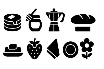 Breakfast and kitchen solid icon set. Food and cooking essentials silhouette collection