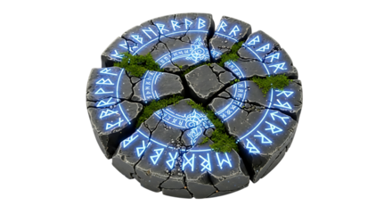 Stone circle, cracked with glowing blue runes and moss, cutout, PNG isolated on transparent background