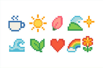 Nature, weather pixel icon set. Spring, summer, seasons symbols colorful collection
