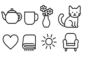 Home and leisure outline icon set. Cozy living, relaxation, and comfort icons collection
