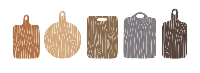 wooden cutting board silhouette set. Hand drawn textured boards, vintage kitchen wooden boards collection